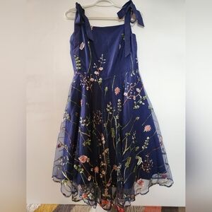 NWT Navy blue floral embroidered tulle fit & flare dress tie-shoulder straps